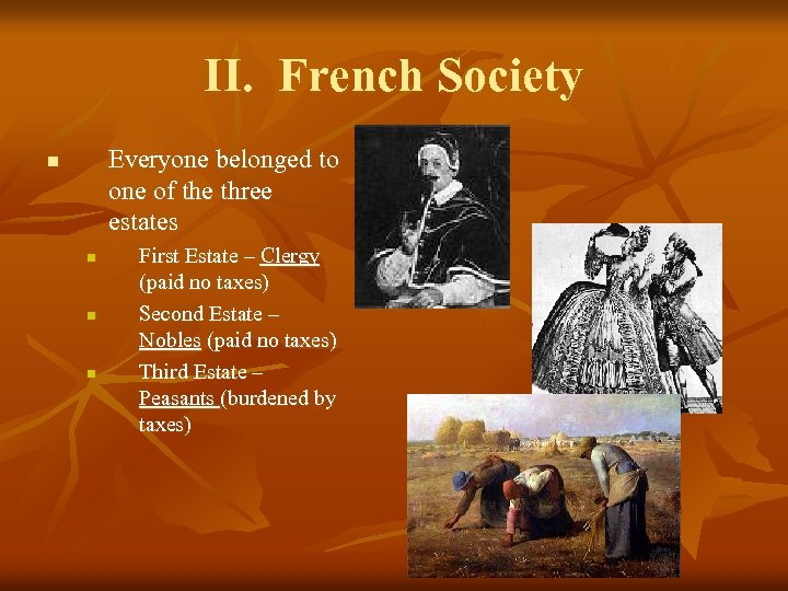 II. French Society Everyone belonged to one of the three estates n n First