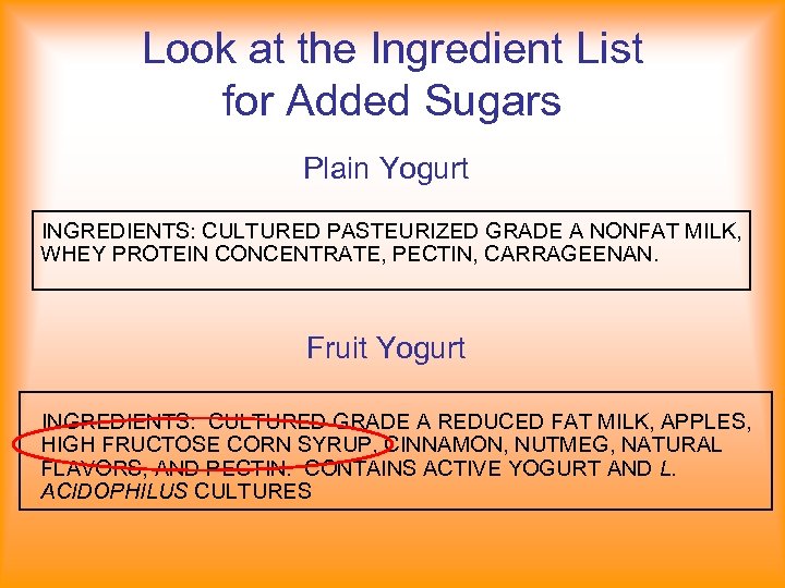Look at the Ingredient List for Added Sugars Plain Yogurt INGREDIENTS: CULTURED PASTEURIZED GRADE