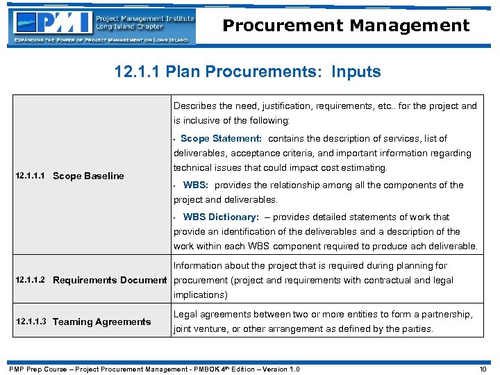 Procurement Management 12. 1. 1 Plan Procurements: Inputs Describes the need, justification, requirements, etc.