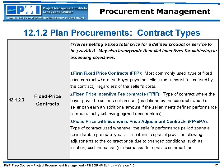 Procurement Management 12. 1. 2 Plan Procurements: Contract Types Involves setting a fixed total