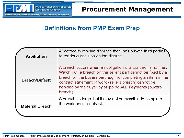 Procurement Management Definitions from PMP Exam Prep Arbitration Breach/Default Material Breach A method to
