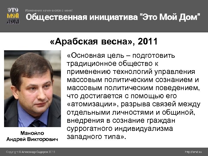  «Арабская весна» , 2011 Манойло Андрей Викторович «Основная цель – подготовить традиционное общество