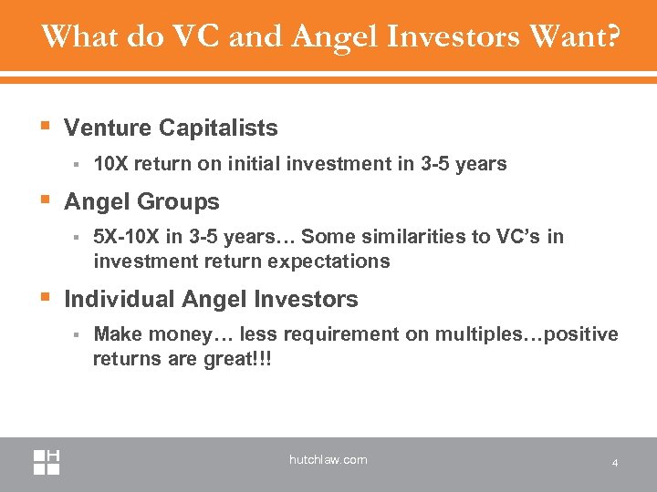 What do VC and Angel Investors Want? § Venture Capitalists § 10 X return