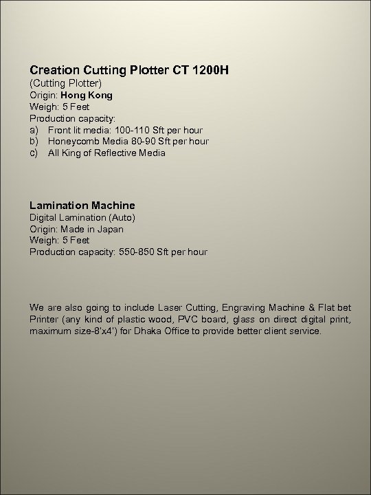 Creation Cutting Plotter CT 1200 H (Cutting Plotter) Origin: Hong Kong Weigh: 5 Feet