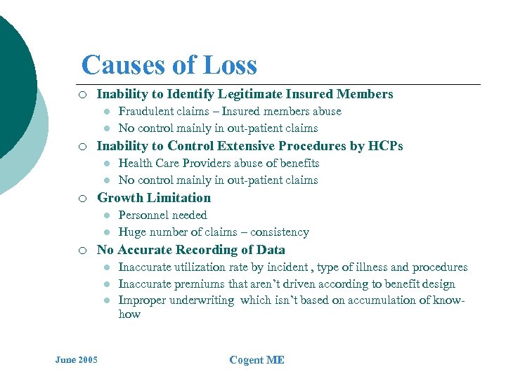 Causes of Loss ¡ Inability to Identify Legitimate Insured Members l l ¡ Inability