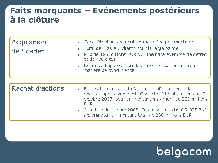 Faits marquants – Evénements postérieurs à la clôture Acquisition de Scarlet • • Rachat