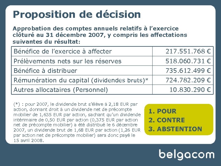 Proposition de décision Approbation des comptes annuels relatifs à l’exercice clôturé au 31 décembre