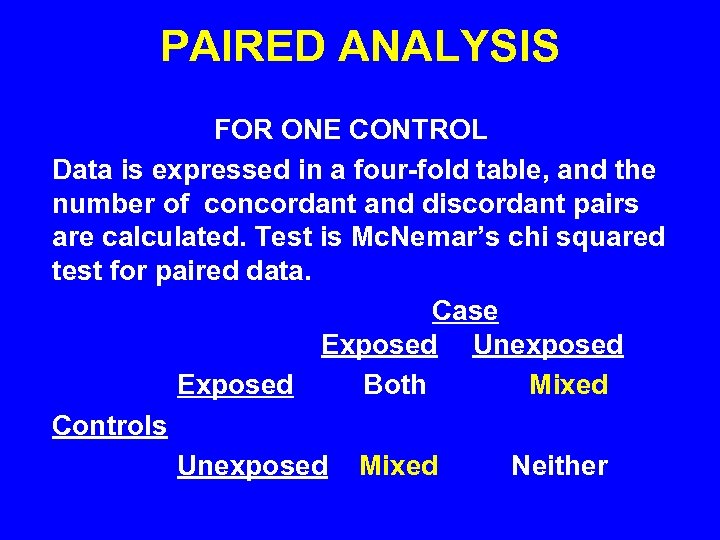 PAIRED ANALYSIS FOR ONE CONTROL Data is expressed in a four-fold table, and the