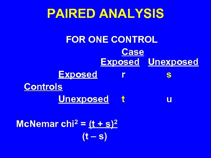 PAIRED ANALYSIS FOR ONE CONTROL Case Exposed Unexposed Exposed r s Controls Unexposed t