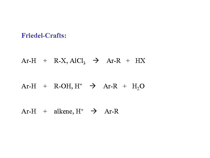 Friedel-Crafts: Ar-H + R-X, Al. Cl 3 Ar-H + R-OH, H+ Ar-R + H