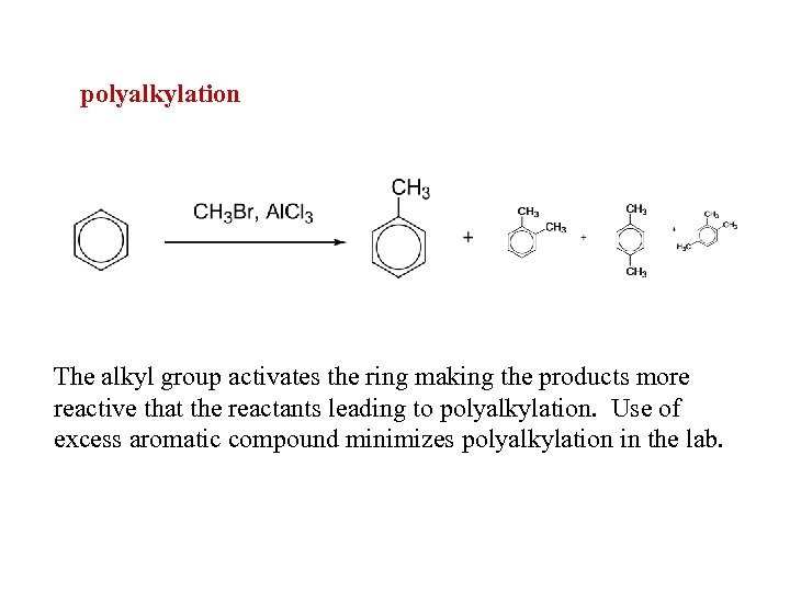 polyalkylation The alkyl group activates the ring making the products more reactive that the