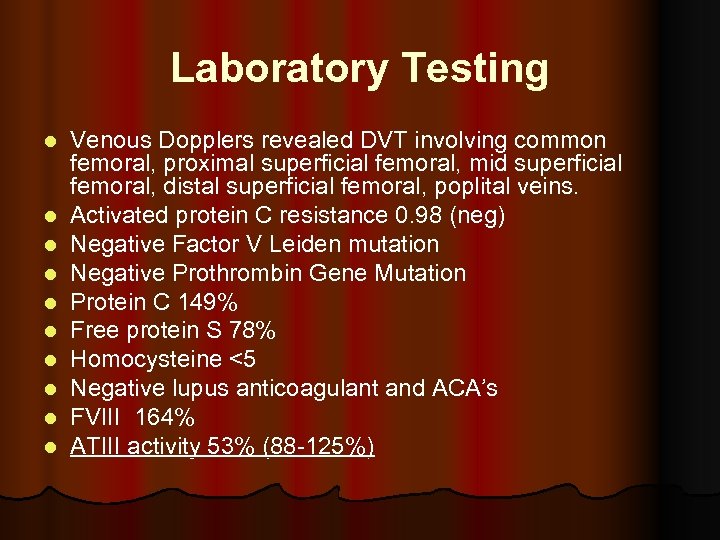 Laboratory Testing l l l l l Venous Dopplers revealed DVT involving common femoral,