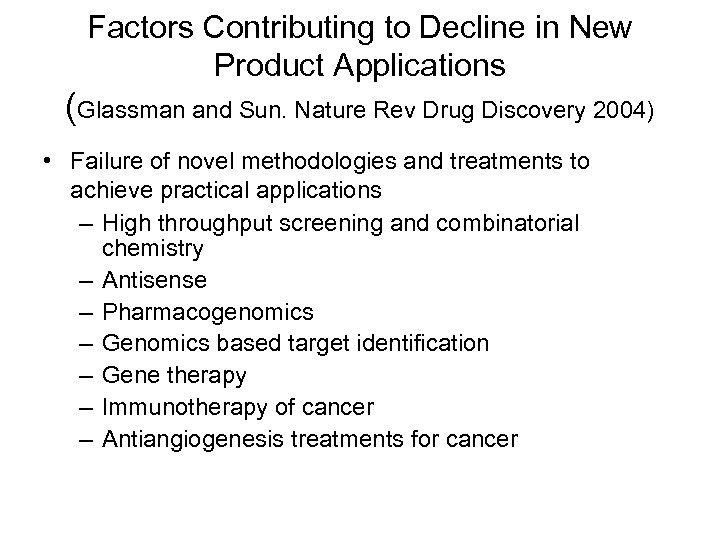 Factors Contributing to Decline in New Product Applications (Glassman and Sun. Nature Rev Drug