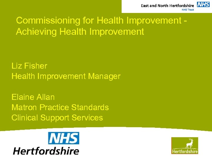Commissioning for Health Improvement Achieving Health Improvement Liz Fisher Health Improvement Manager Elaine Allan