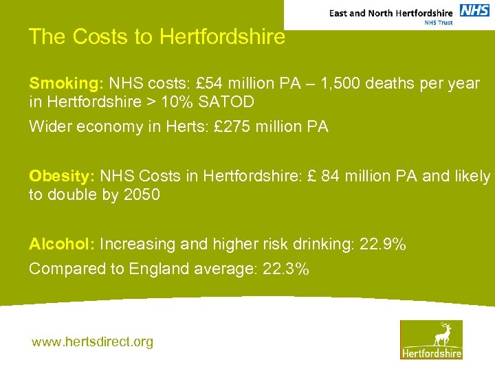 The Costs to Hertfordshire Smoking: NHS costs: £ 54 million PA – 1, 500
