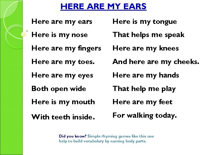 HERE ARE MY EARS Here are my ears Here is my tongue Here is