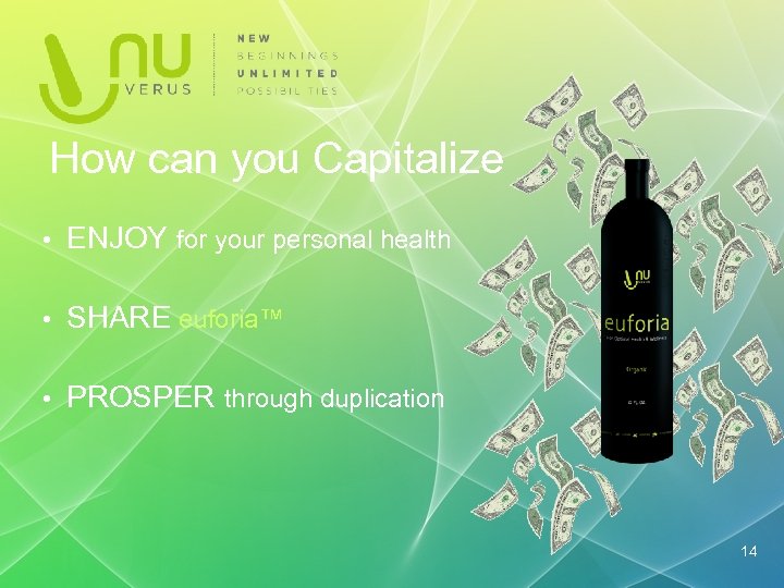 How can you Capitalize • ENJOY for your personal health • SHARE euforia™ •