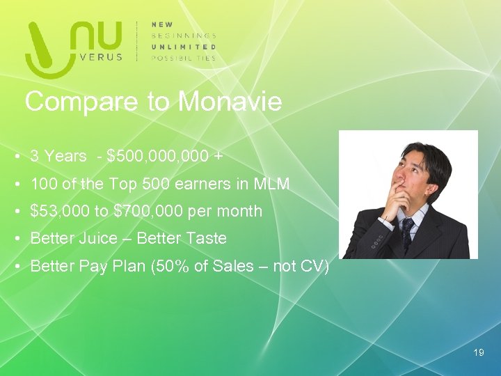 Compare to Monavie • 3 Years - $500, 000 + • 100 of the