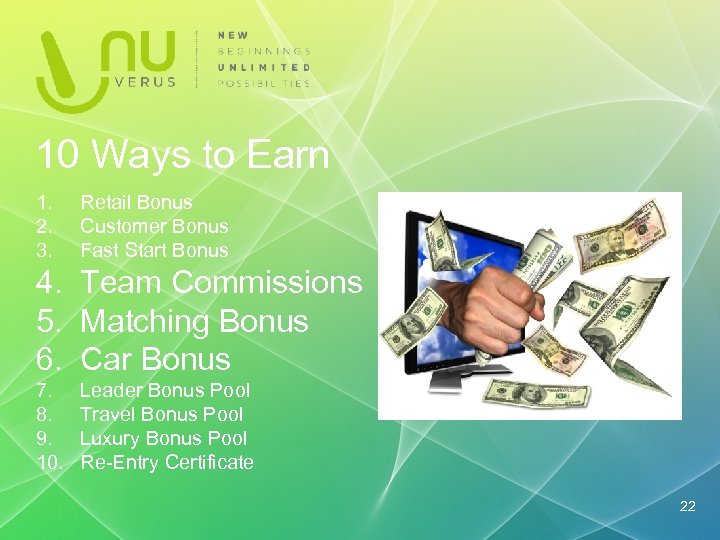 10 Ways to Earn 1. 2. 3. Retail Bonus Customer Bonus Fast Start Bonus