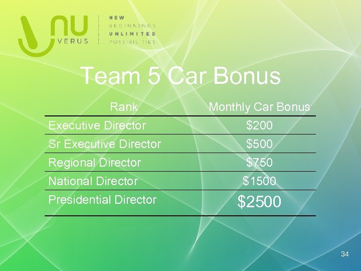 Team 5 Car Bonus Rank Executive Director Monthly Car Bonus $200 Sr Executive Director