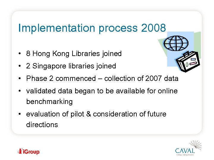 Implementation process 2008 • 8 Hong Kong Libraries joined • 2 Singapore libraries joined