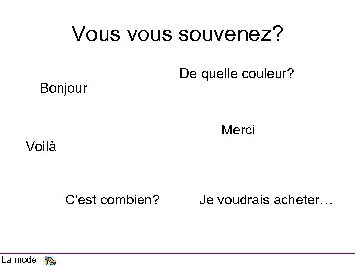 Vous vous souvenez? Bonjour De quelle couleur? Merci Voilà C’est combien? La mode Je