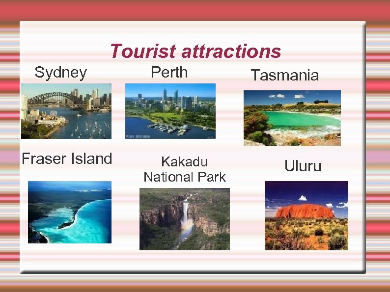 Tourist attractions Sydney Fraser Island Perth Kakadu National Park Tasmania Uluru 