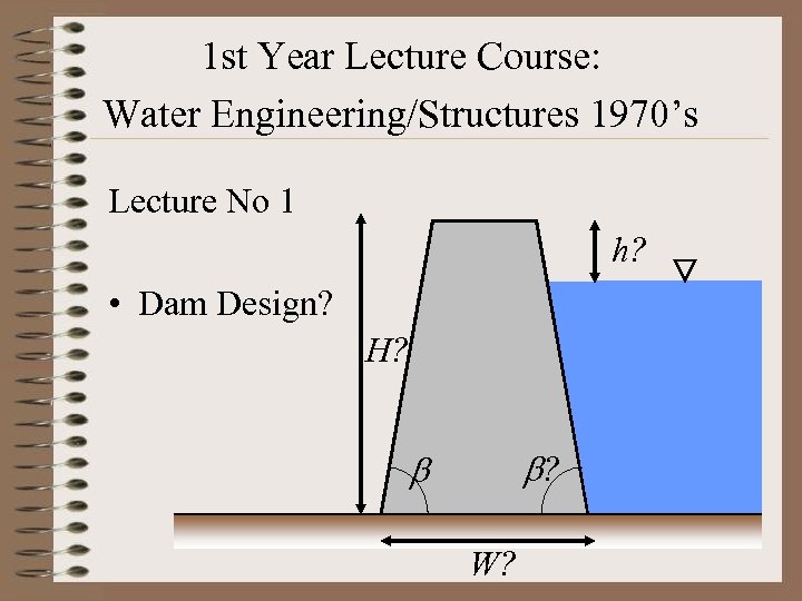 1 st Year Lecture Course: Water Engineering/Structures 1970’s Lecture No 1 h? • Dam