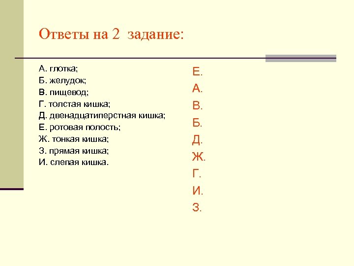 Ответы на 2 задание: А. глотка; Б. желудок; В. пищевод; Г. толстая кишка; Д.