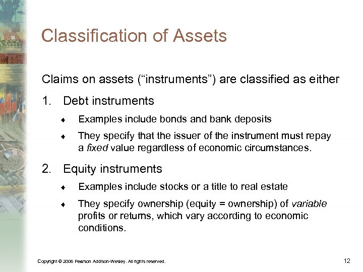 Classification of Assets Claims on assets (“instruments”) are classified as either 1. Debt instruments