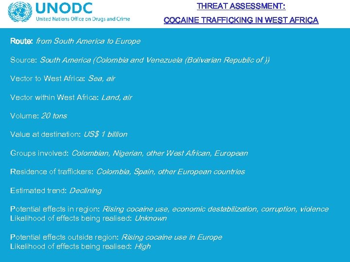 THREAT ASSESSMENT: COCAINE TRAFFICKING IN WEST AFRICA Route: from South America to Europe Source: