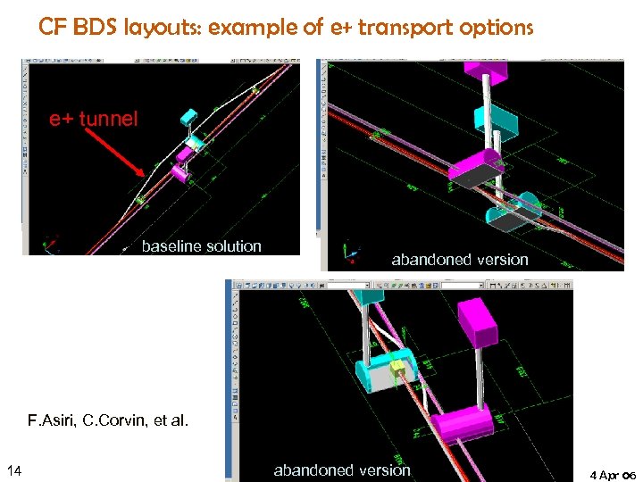 CF BDS layouts: example of e+ transport options e+ tunnel baseline solution abandoned version