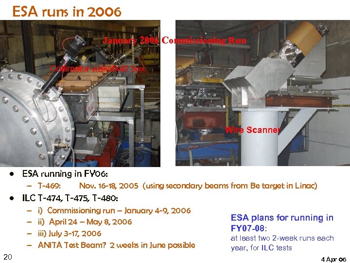 ESA runs in 2006 January 2006 Commissioning Run Collimator wakefield box Wire Scanner •