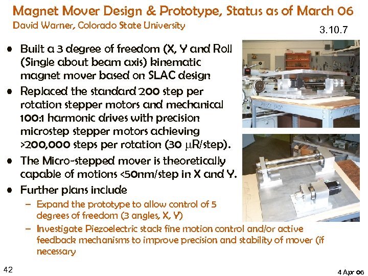 Magnet Mover Design & Prototype, Status as of March 06 David Warner, Colorado State