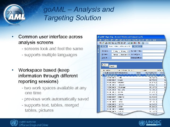 go. AML – Analysis and Targeting Solution • Common user interface across analysis screens