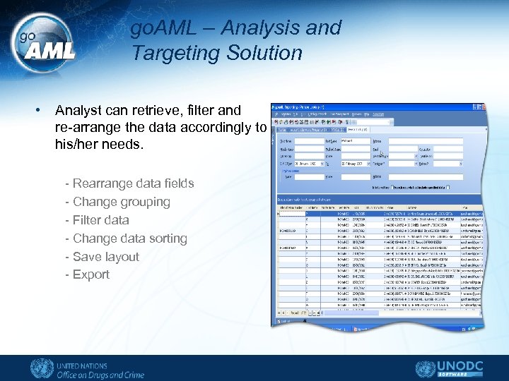 go. AML – Analysis and Targeting Solution • Analyst can retrieve, filter and re-arrange