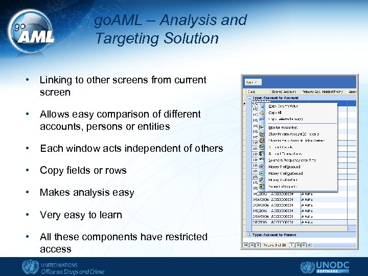 go. AML – Analysis and Targeting Solution • Linking to other screens from current