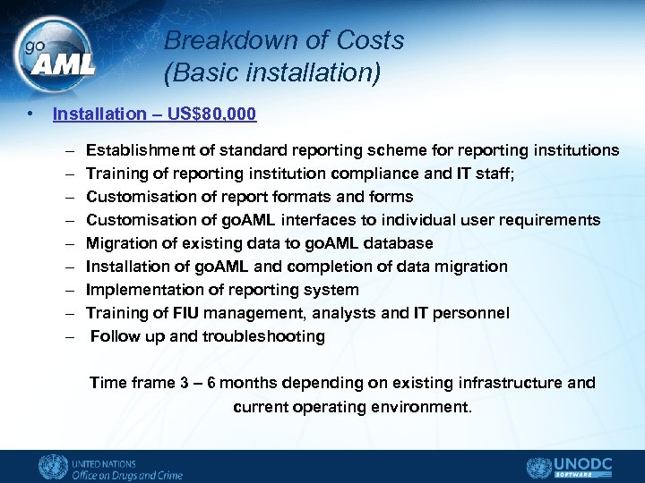 Breakdown of Costs (Basic installation) • Installation – US$80, 000 – – – –