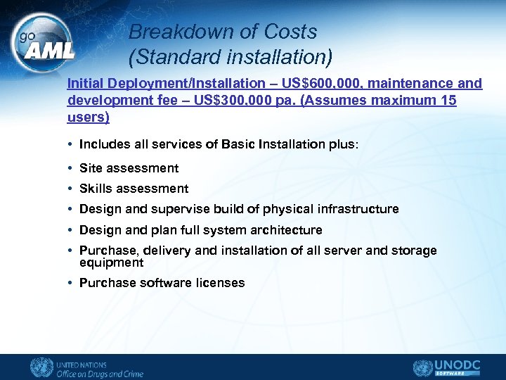 Breakdown of Costs (Standard installation) Initial Deployment/Installation – US$600, 000, maintenance and development fee