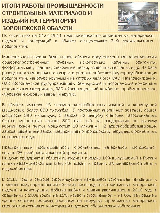 ИТОГИ РАБОТЫ ПРОМЫШЛЕННОСТИ СТРОИТЕЛЬНЫХ МАТЕРИАЛОВ И ИЗДЕЛИЙ НА ТЕРРИТОРИИ ВОРОНЕЖСКОЙ ОБЛАСТИ По состоянию на