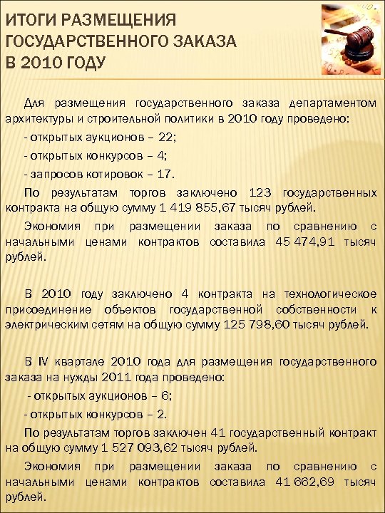 ИТОГИ РАЗМЕЩЕНИЯ ГОСУДАРСТВЕННОГО ЗАКАЗА В 2010 ГОДУ Для размещения государственного заказа департаментом архитектуры и