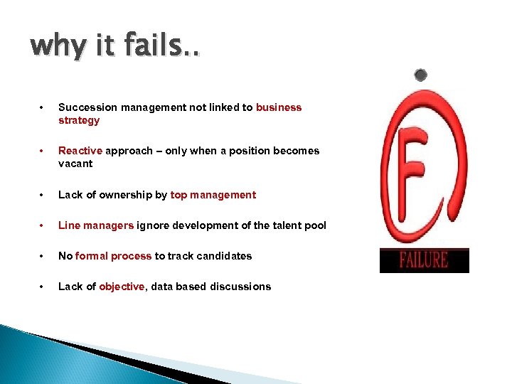 why it fails. . • Succession management not linked to business strategy • Reactive