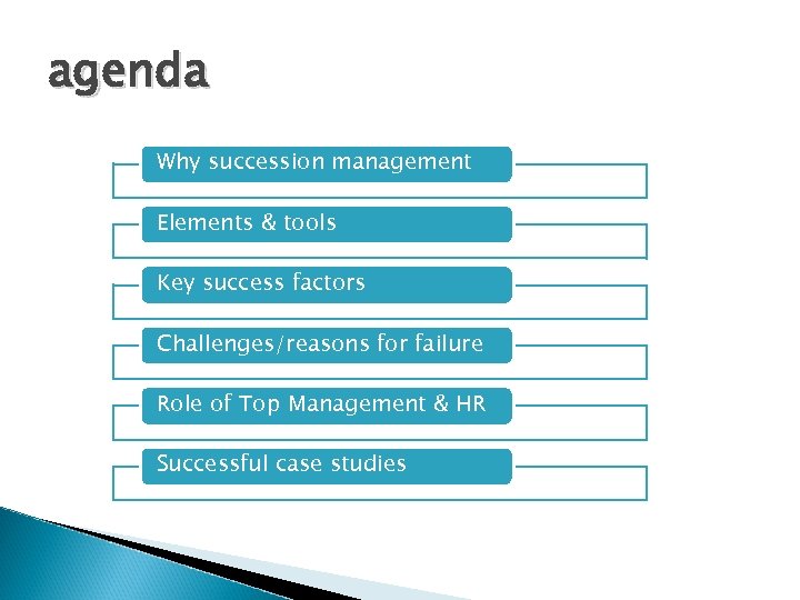 agenda Why succession management Elements & tools Key success factors Challenges/reasons for failure Role