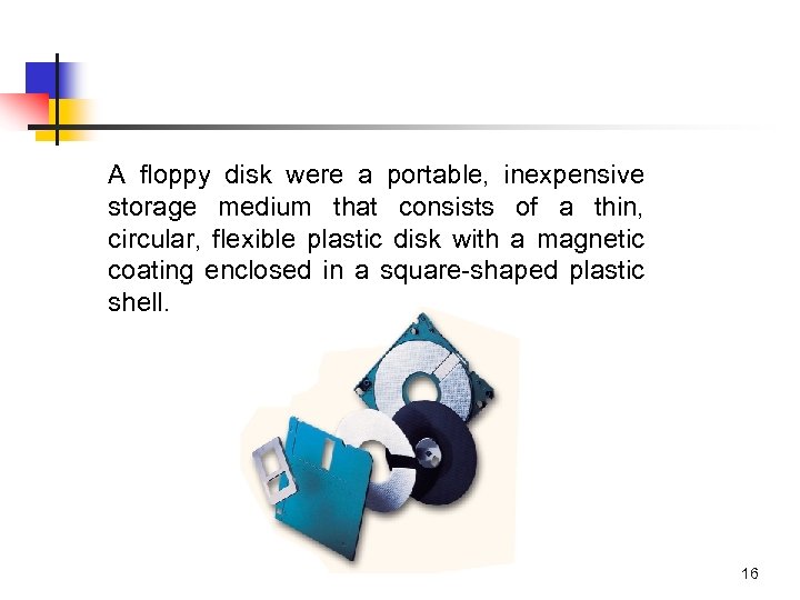 A floppy disk were a portable, inexpensive storage medium that consists of a thin,