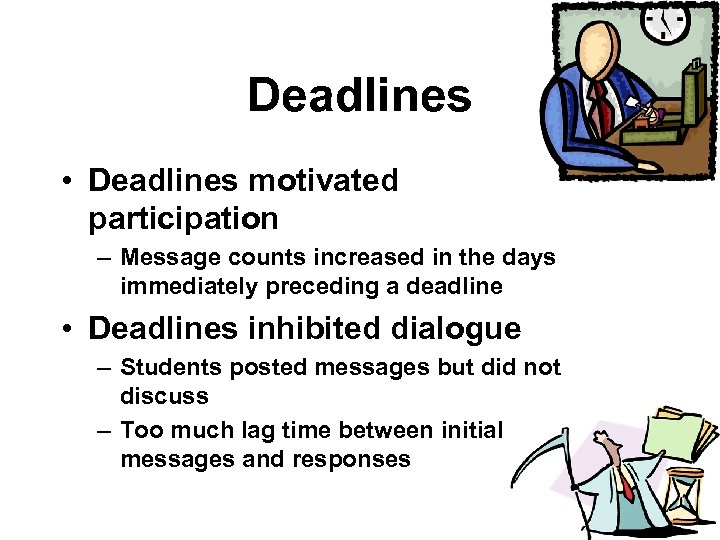 Deadlines • Deadlines motivated participation – Message counts increased in the days immediately preceding