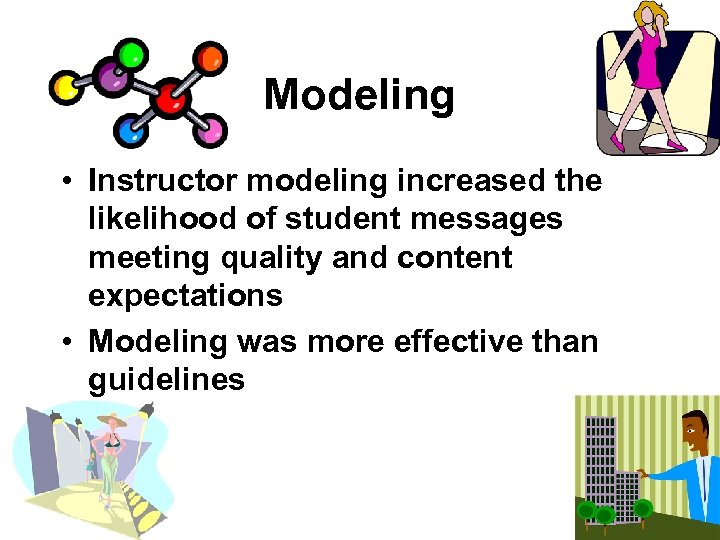 Modeling • Instructor modeling increased the likelihood of student messages meeting quality and content