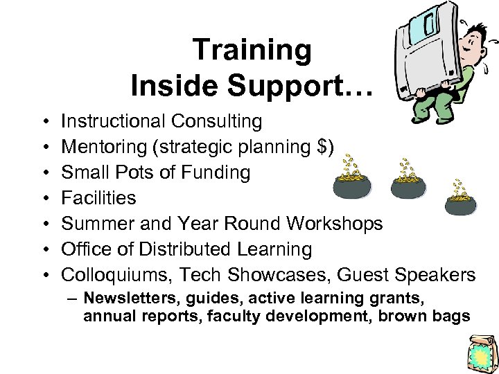 Training Inside Support… • • Instructional Consulting Mentoring (strategic planning $) Small Pots of
