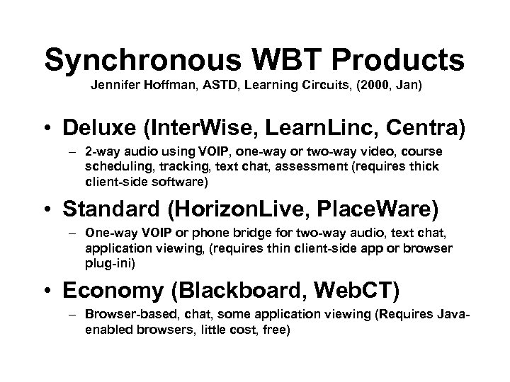 Synchronous WBT Products Jennifer Hoffman, ASTD, Learning Circuits, (2000, Jan) • Deluxe (Inter. Wise,
