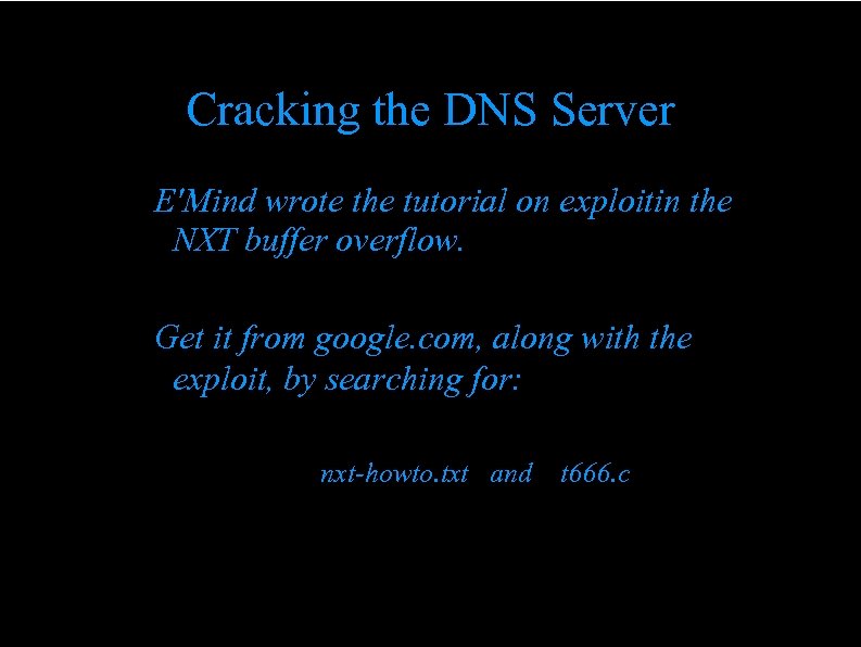 Cracking the DNS Server E'Mind wrote the tutorial on exploitin the NXT buffer overflow.