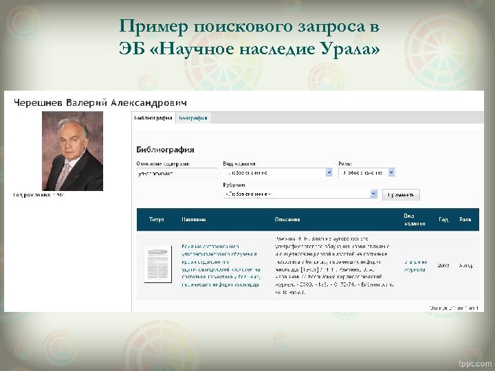 Пример поискового запроса в ЭБ «Научное наследие Урала» 